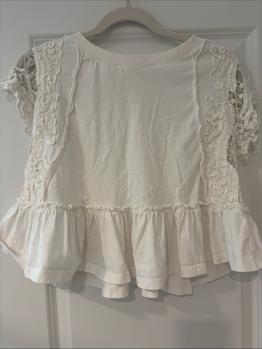 Anthropologie Ivory Lace-Sleeve Peplum Tee
